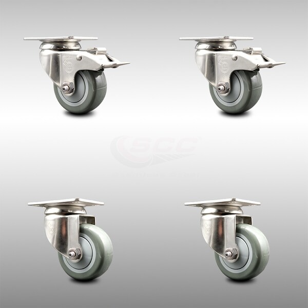 Service Caster 3 Inch 316SS Gray Polyurethane Wheel Swivel Top Plate Caster Lock Brakes, 2PK SCC-SS316TTL20S314-PPUB-2-S-2 - main